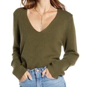 Something Oversized Sweater Deep V Neck Olive Green Size Medium Soft